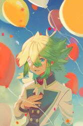 Rule 34 | 1boy, aqua eyes, ascot, balloon, buttons, commentary request, confetti, creatures (company), crossed bangs, day, game freak, green hair, hair between eyes, hand up, highres, jacket, long hair, long sleeves, male focus, n (anniversary 2021) (pokemon), n (pokemon), nintendo, official alternate costume, outdoors, pokemon, pokemon masters ex, solo, white ascot, white jacket, zero (sleepy meltan)