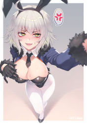 Rule 34 | 1girl, ahoge, anger vein, animal ears, black gloves, black necktie, blush, breasts, cleavage, commentary, fake animal ears, fate/grand order, fate (series), from above, gloves, grey background, hair between eyes, jeanne d&#039;arc (fate), jeanne d&#039;arc alter (avenger) (fate), jeanne d&#039;arc alter (fate), jjune, large breasts, long hair, long sleeves, looking at viewer, lower teeth only, necktie, open mouth, pantyhose, rabbit ears, short hair, silver hair, simple background, solo, spoken anger vein, standing, teeth, white pantyhose, yellow eyes