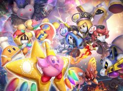 Rule 34 | blunt bangs, butterfly wings, chef hat, chef kawasaki, electricity, english text, fire, flamberge (kirby), francisca (kirby), galaxia (sword), glowing, gonzarez, hat, highres, holding, holding sword, holding weapon, hyness, insect wings, king dedede, kirby, kirby: star allies, kirby (series), mask, meta knight, military hat, morpho knight, multiple boys, multiple girls, nintendo, no humans, polearm, rayman limbs, spear, spoilers, sword, vividria, void termina, weapon, wings, zan partizanne