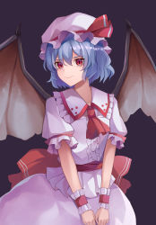 Rule 34 | 1girl, absurdres, ascot, bat wings, black background, blue hair, closed mouth, collarbone, cowboy shot, hat, hat ribbon, highres, koizumo, mob cap, pink hat, pink shirt, pink skirt, red ascot, red eyes, red ribbon, remilia scarlet, ribbon, shirt, short hair, short sleeves, simple background, skirt, smile, solo, standing, touhou, v arms, wings, wrist cuffs