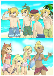 Rule 34 | 4boys, 4girls, ^ ^, adapted costume, ahoge, alternate costume, arms behind back, ball, beach, beachball, bent over, bikini, bikini skirt, black eyes, blonde hair, blue eyes, blue male swimwear, blue sky, blue swim trunks, breasts, cabbie hat, cleavage, clenched hand, closed eyes, closed mouth, cloud, cloudy sky, commentary, cowboy shot, crop top, dark skin, day, drawstring, ezlo, floral print, four swords adventures, frilled bikini, frills, green headwear, green male swimwear, green swim trunks, half-closed eyes, hat, highres, leaning forward, link, long hair, male swimwear, midriff, multiple boys, multiple girls, navel, nintendo, ocean, one-piece swimsuit, open mouth, orange hair, outdoors, parted bangs, pink bikini, pointing, pointy ears, ponytail, princess zelda, print male swimwear, print swim trunks, print swimsuit, purple bikini, red headwear, red one-piece swimsuit, sarong, short hair, sky, small breasts, smile, smug, stretching, swim trunks, swimsuit, tetra, the legend of zelda, the legend of zelda: spirit tracks, the legend of zelda: the minish cap, the legend of zelda: the wind waker, thick eyebrows, toon link, toon zelda, topless male, usushira, wrist wrap, wristband