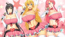 Rule 34 | 3girls, ahoge, arm up, armpits, bare shoulders, black hair, blonde hair, blue eyes, blush, breasts, choker, cleavage, elbow gloves, game cg, gengan (sengoku hime), gloves, green eyes, holding, holding microphone, huge breasts, impossible clothes, index finger raised, kan&#039;u unchou (sangoku hime), kouchuu kanshou (sangoku hime), large breasts, legs, long hair, looking at viewer, microphone, midriff, miniskirt, multiple girls, music, navel, open mouth, parted lips, pink hair, pink skirt, sangoku hime, sangoku hime 3, sidelocks, simple background, singing, skirt, smile, standing, strapless, thighhighs, thighs, tube top, unicorn-a, white gloves, white legwear, zettai ryouiki