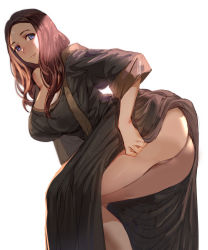 Rule 34 | 1girl, absurdres, alternate costume, ass, backlighting, black dress, blue eyes, blush, bow (bhp), breasts, brown hair, cleft of venus, closed mouth, dress, fate/grand order, fate (series), forehead, highres, large breasts, leonardo da vinci (fate), long hair, long sleeves, looking at viewer, no panties, parted bangs, purple eyes, pussy, simple background, smile, solo, standing, thighs, white background
