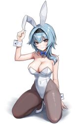 Rule 34 | 1girl, alternate costume, animal ears, aqua hair, arm up, asymmetrical hair, bare arms, bare shoulders, black hairband, blue bow, blue bowtie, bow, bowtie, breasts, brown pantyhose, caitlyn0104, cleavage, closed mouth, covered navel, detached collar, eula (genshin impact), fake animal ears, genshin impact, gradient eyes, groin, hairband, high heels, highleg, highleg leotard, highres, holding ear, kneeling, large breasts, leotard, looking at viewer, medium hair, multicolored eyes, pantyhose, playboy bunny, purple eyes, rabbit ears, sidelocks, simple background, smile, solo, strapless, strapless leotard, thighs, white background, white footwear, white leotard, white wrist cuffs, wrist cuffs, yellow eyes