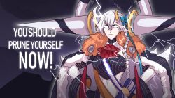 Rule 34 | 1girl, braid, commentary, earrings, english commentary, fate/grand order, fate (series), glowing, glowing eyes, hair between eyes, hands on own hips, highres, horns, jewelry, kamuify, lightning, meme, olga marie animusphere, single braid, single earring, single horn, solo, u-olga marie, white eyes, white hair, you should kill yourself now (meme)
