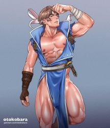 Rule 34 | 1boy, abs, artist name, bandaged arm, bandages, bara, bare pectorals, belt, blue eyes, brown belt, brown gloves, brown hair, castlevania (series), fingerless gloves, gloves, headband, highres, large pectorals, looking at viewer, male focus, muscular, muscular male, nipples, otokobara, parted lips, patreon username, pectorals, pelvic curtain, richter belmont, short hair, simple background, single glove, sleeveless, solo, thick thighs, thighs, torn clothes