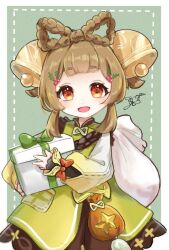 Rule 34 | 1girl, bag, bell, berry, border, bow, bow-shaped hair, braid, brown eyes, brown hair, dress, genshin impact, gift, green background, green dress, hair bell, hair ornament, highres, holding, holding gift, looking at viewer, open mouth, orange bow, smile, solo, white border, yaoyao (genshin impact), yumeu