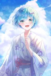 Rule 34 | 1girl, absurdres, alternate costume, alternate eye color, bad id, bad twitter id, blue hair, blue sky, blush, breasts, cloud, cloudy sky, commentary, dasha, day, floral print, flower knot, green eyes, hair ornament, hand up, highres, japanese clothes, kimono, long sleeves, looking at viewer, open mouth, pink ribbon, print kimono, re:zero kara hajimeru isekai seikatsu, rem (re:zero), ribbon, short hair, sky, solo, symbol-only commentary, upper body, white kimono, wide sleeves, x hair ornament