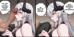 Rule 34 | 1girl, absurdres, arknights, bare shoulders, bikini, black bikini, black bra, black panties, blush, bra, breasts, bulge, censored, commentary, embarrassed, english commentary, english text, erection, erection under clothes, flower, from side, hair flower, hair ornament, highres, horns, imminent fellatio, jewelry, kanta (kanta 077), large breasts, large penis, long hair, mudrock (arknights), mudrock (silent night) (arknights), necklace, official alternate costume, panties, penis, penis on face, pointy ears, red eyes, sitting, speech bubble, sweat, swimsuit, thighs, underwear, very long hair, wariza, white hair