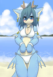 Rule 34 | 1girl, animal ears, armlet, bare shoulders, beach, bikini, blue eyes, blue hair, blue skin, blue sky, blush, borrowed character, bracelet, breasts, brown horns, cleavage, closed mouth, cloud, collarbone, colored skin, conch, cowboy shot, day, dragon girl, earrings, female focus, fins, furry, furry female, gluteal fold, hair between eyes, happy, highres, horns, jewelry, kame (3t), long hair, looking at viewer, medium breasts, multicolored skin, navel, necklace, ocean, original, outdoors, sand, scales, shell, shell necklace, side-tie bikini bottom, sidelocks, sky, smile, solo, split mouth, standing, straight-on, swimsuit, tail, thighs, two-tone skin, water, white bikini, yellow skin