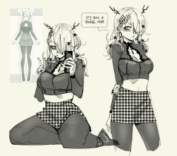 Rule 34 | :o, antlers, boots, borrowed design, breasts, cellphone, ceres fauna, cleavage, cleavage cutout, clothing cutout, commentary, crop top, english commentary, english text, eyebrow piercing, eyeshadow, goth fashion, gutalalaman, highres, holding, holding phone, hololive, hololive english, horns, long hair, makeup, medium breasts, mole, mole under eye, open mouth, pantyhose, phone, piercing, reference inset, seiza, simple background, sitting, skirt, smartphone, speech bubble, virtual youtuber