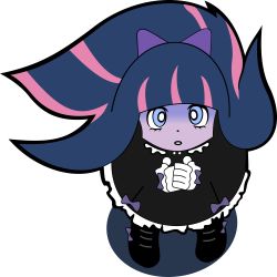 Rule 34 | 10s, 1girl, absurdres, artist request, black background, blue eyes, blue hair, bow, colored skin, dot nose, dress, dress bow, eyelashes, footwear bow, frilled dress, frills, from above, goth fashion, gradient skin, hair bow, hands together, highres, long hair, looking at viewer, multicolored hair, open mouth, panty &amp; stocking with garterbelt, pink hair, purple bow, purple skin, shoes, simple background, standing, stocking (psg), streaked hair
