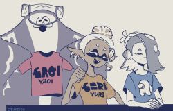 Rule 34 | 1boy, 2girls, among us, big man (splatoon), blonde hair, blue hair, character print, clenched hand, clothes writing, crewmate (among us), fangs, frye (splatoon), fudanshi, hair bun, hair over one eye, highres, himejoshi, holding, holding clothes, holding shirt, inkling, jsheios, multiple girls, nintendo, octoling, own hands together, pointy ears, print shirt, shirt, shiver (splatoon), simple background, sitting, smile, splatoon (series), splatoon 3, t-shirt, tentacle hair