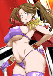 Rule 34 | 1girl, arched back, bikini, breasts, brown eyes, brown hair, cameltoe, capelet, closed mouth, clothes writing, covered erect nipples, cowboy shot, gloves, groin, gundam, gundam build fighters, gundam build fighters try, hair ornament, hand on own hip, hip bones, large breasts, long hair, looking at viewer, minpei ichigo, navel, purple bikini, purple gloves, purple thighhighs, red capelet, red neckwear, sazaki kaoruko, shiny skin, skindentation, smile, smirk, solo, swept bangs, swimsuit, thighhighs, thighs, twintails, underboob