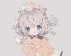 Rule 34 | 1girl, :o, animal, animal ear fluff, animal ears, animal on head, bag, blue eyes, blush, braid, brown hair, cardigan, commentary, dress, grey background, hamster, highres, holding, holding bag, medium hair, mirukutarou, on head, open cardigan, open clothes, open mouth, orange cardigan, original, seed, sleeves past fingers, sleeves past wrists, sunflower seed, too many hamsters, upper body, v-shaped eyebrows, white dress