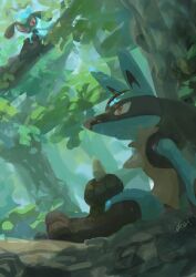 Rule 34 | 2boys, animal ears, animal feet, animal hands, artist name, black fur, blue fur, body fur, closed mouth, creatures (company), dappled sunlight, day, eye contact, from side, furry, furry male, game freak, gen 4 pokemon, green background, hand on own knee, happy, highres, ikei, in tree, looking at another, looking down, looking up, lucario, male focus, multicolored fur, multiple boys, nintendo, outdoors, pokemon, pokemon (creature), profile, red eyes, riolu, signature, sitting, sketch, smile, snout, solo focus, spikes, sunlight, tree, wolf boy, wolf ears, yellow fur
