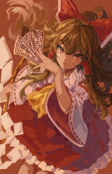 Rule 34 | 1girl, absurdres, arm up, ascot, between fingers, bow, brown hair, commentary, cowboy shot, detached sleeves, expressionless, gohei, hair between eyes, hair bow, hakurei reimu, highres, holding, lab2linch, long hair, looking at viewer, ofuda, ofuda between fingers, ponytail, red background, red eyes, red skirt, red theme, red vest, ribbon-trimmed sleeves, ribbon trim, simple background, skirt, smoke, solo, standing, touhou, vest, yellow ascot