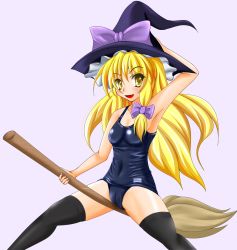 Rule 34 | 1girl, alternate costume, bad id, bad pixiv id, blush, broom, cameltoe, female focus, hat, highres, kirisame marisa, one-piece swimsuit, school swimsuit, shiny clothes, skindentation, smile, solo, swimsuit, tera hiroshi, thighhighs, touhou, witch hat