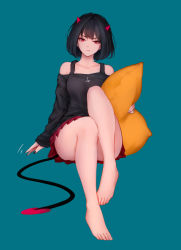 Rule 34 | 1girl, absurdres, bare legs, bare shoulders, barefoot, black hair, black shirt, blue background, breasts, closed mouth, demon girl, demon horns, demon tail, fang, fang out, full body, highres, horns, knees up, looking at viewer, off-shoulder shirt, off shoulder, original, pillow, pleated skirt, red eyes, red skirt, shimmer, shirt, short hair, simple background, sitting, skirt, small breasts, solo, tail, v-shaped eyebrows