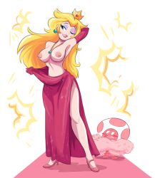 Rule 34 | 1boy, 1girl, arm up, armpits, bare legs, blush, blush stickers, breasts, clothes pull, crown, dress, dress pull, elbow gloves, embarrassed, evening gown, eyeshadow, flashing, gloves, hernyed, high heels, jewelry, large breasts, long hair, makeup, mario (series), mini crown, nintendo, nipples, one eye closed, pendant, princess, princess peach, shoes, side slit, simple background, size difference, smile, super mario all stars, super mario bros. 1, toad (mario), topless, white background, wink