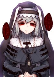 Rule 34 | 1girl, arknights, black capelet, black dress, capelet, chain necklace, commentary request, dress, habit, hair between eyes, hand grab, highres, hourai kochou, jewelry, long hair, looking at viewer, necklace, nun, red eyes, silver hair, simple background, solo, specter (arknights), squinting, upper body, veil, white background