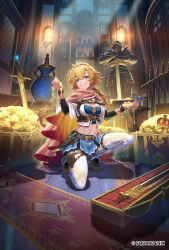 Rule 34 | 1girl, armor, armor stand, bandeau, black sleeves, blonde hair, blue bandeau, blue eyes, blue skirt, brown footwear, cape, chalice, chest harness, coin, copyright notice, cropped jacket, cross-laced footwear, crown, cup, fingernails, flipped hair, fold-over boots, full armor, full body, gem, glint, gold coin, gradient cape, gradient clothes, grin, hair between eyes, hair ribbon, hairband, harness, headband, highres, holding, holding jewelry, holding necklace, indoors, jacket, jewelry, lamp, layered sleeves, light particles, long hair, long sleeves, looking at object, low ponytail, midriff, miniskirt, nail polish, necklace, official art, on one knee, orange cape, pantyhose, patterned clothing, pearl necklace, red cape, red hairband, red headband, red ribbon, ribbon, romancing saga re;universe, rug, short over long sleeves, short sleeves, shrug (clothing), skirt, smile, solo, sword, tef, thigh strap, tile floor, tiles, treasure, treasure chest, tress ribbon, unworn armor, unworn crown, unworn jewelry, unworn necklace, vase, very long hair, weapon, white jacket, white pantyhose