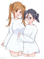 Rule 34 | 2girls, :d, absurdres, alternate costume, alternate hairstyle, arm at side, beads, black hair, bleach, blush, brown eyes, commentary request, cowboy shot, cropped legs, double-parted bangs, dress, eyelashes, hair beads, hair between eyes, hair ornament, happy, highres, inoue orihime, kuchiki rukia, long hair, looking at viewer, multiple girls, open mouth, orange hair, parted bangs, parted lips, purple eyes, rinner373, shirt grab, short hair, short twintails, side-by-side, sidelocks, simple background, sleeves past wrists, smile, star (symbol), star hair ornament, twintails, twitter username, white background, white dress, wide sleeves