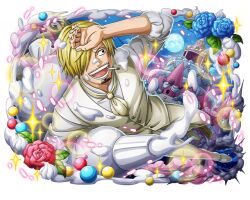 Rule 34 | 1boy, ascot, blonde hair, blue flower, cigarette, flower, hair over one eye, male focus, official art, one piece, one piece treasure cruise, open mouth, pastry bag, sanji (one piece), teeth, white ascot