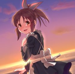 Rule 34 | 1girl, abe nana, blush, breasts, brown eyes, brown hair, from behind, idolmaster, idolmaster cinderella girls, kamille (vcx68), large breasts, long sleeves, looking at viewer, maid, open mouth, outdoors, railing, short hair, short ponytail, smile, solo, sunset, tearing up