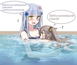 Rule 34 | 2girls, aged down, anger vein, aoi (aoisaka), blue hair, breasts, embarrassed, english text, engrish text, girls&#039; frontline, green eyes, grey hair, hk416 (girls&#039; frontline), multiple girls, pool, ranguage, speech bubble, swimming, swimsuit, ump45 (agent lop rabbit) (girls&#039; frontline), ump45 (girls&#039; frontline), yellow eyes