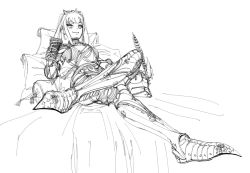 Rule 34 | 1girl, armor, bad id, bad twitter id, bridal veil, closed mouth, commentary, english commentary, full body, greyscale, highres, hololive, hololive english, holomyth, long hair, looking at viewer, lying, monochrome, mori calliope, pillow, simple background, smirk, smug, solo, unfinished, veil, virtual youtuber, wass nonnam, white background