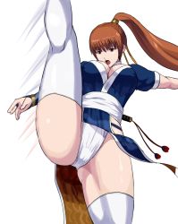 Rule 34 | 1girl, 78 (tky8), bare legs, breasts, brown eyes, brown hair, cleavage, dead or alive, female focus, fundoshi, high kick, japanese clothes, kasumi (doa), kicking, leg lift, legs, long hair, open mouth, panties, pantyshot, pelvic curtain, sheath, sheathed, solo, tecmo, thighhighs, thighs, underwear, upskirt, very long hair, white panties, white thighhighs
