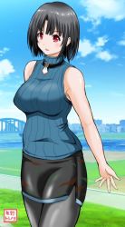 Rule 34 | 10s, arms behind back, black hair, breasts, bridge, cloud, commentary request, day, jewelry, kantai collection, large breasts, looking at viewer, miniskirt, necklace, outstretched hand, pantyhose, red eyes, river, riverbank, short hair, sidewalk, skirt, sleeveless, sleeveless turtleneck, solo, sweater, takao (kancolle), turtleneck, yano toshinori