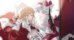 Rule 34 | 2girls, angry, asymmetrical hair, back bow, bat wings, blonde hair, blush, bow, closed mouth, commentary request, crystal, dress, eyelashes, fang, flandre scarlet, frilled dress, frilled shirt collar, frilled sleeves, frills, hat, hat bow, highres, light purple hair, long sleeves, looking at another, mob cap, multiple girls, no headwear, one side up, open mouth, pointy ears, red bow, red dress, red eyes, red sash, remilia scarlet, sash, short hair, siblings, simple background, sisters, sitting, sorani (kaeru0768), throne, touhou, v-shaped eyebrows, white background, white headwear, white sash, wings, wrist cuffs