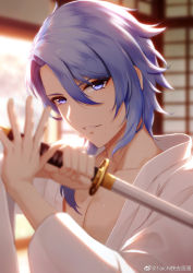 Rule 34 | 1boy, abs, blue eyes, blue hair, genshin impact, hair between eyes, highres, holding, holding sword, holding weapon, japanese clothes, kamisato ayato, liu guniang, mole, mole under mouth, muscular, muscular male, open clothes, short hair, smile, sword, weapon