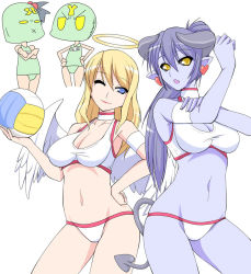 Rule 34 | 4girls, angel, angel and devil, angel wings, astaroth (shinrabanshou), bad id, bad pixiv id, ball, bikini, black sclera, blonde hair, blue eyes, blue skin, breasts, cleavage, colored sclera, colored skin, demon, demon girl, earrings, hand on own hip, heart, heart earrings, horns, jewelry, large breasts, multiple girls, one eye closed, pointy ears, purple hair, ruriwo (ruriwo1894), shinrabanshou, simple background, swimsuit, tail, volleyball (object), white background, wings, wink, yellow eyes
