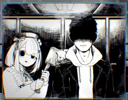 Rule 34 | 1boy, 1girl, :d, axe, beret, blood, bloody weapon, cardigan, empty eyes, faceless, faceless male, greyscale, hat, hatyuuruinohito, holding, holding axe, hood, hoodie, horror (theme), looking at viewer, medium hair, mirror, monochrome, nijisanji, open mouth, sleeves past wrists, smile, suzuhara lulu, virtual youtuber, weapon