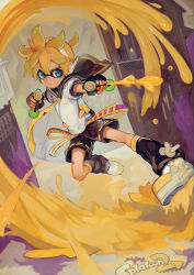 Rule 34 | 1boy, adapted costume, aiming, aiming at viewer, bare arms, belt, black shorts, blonde hair, blue eyes, building, city, closed mouth, copyright name, crossover, dutch angle, full body, fusion, gokaku no nagareboshi, hair between eyes, headphones, highres, holding, holding weapon, ink, inkling, inkling boy, inkling player character, kagamine len, leg warmers, logo, looking at viewer, male focus, monster boy, multiple belts, necktie, nintendo, outdoors, puffy short sleeves, puffy sleeves, sailor collar, shirt, shoes, short ponytail, short sleeves, shorts, sliding, smirk, solo, spiked hair, splatoon (series), splatoon 2, splatter, squid, star-shaped pupils, star (symbol), super soaker, symbol-shaped pupils, tentacle hair, vocaloid, weapon, weapon request, white footwear, white shirt, yellow belt, yellow necktie