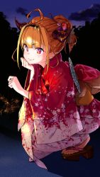 Rule 34 | 1girl, ahoge, alternate costume, alternate hairstyle, blush, cloud, commentary request, fireworks, floral print, hair ornament, head rest, highres, hololive, horns, japanese clothes, kimono, kiryu coco, night, orange hair, pointy ears, red eyes, red kimono, senkou hanabi, smile, solo, sparkler, squatting, virtual youtuber, wide sleeves, yuyaiyaui