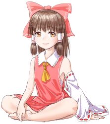 Rule 34 | 1girl, arm support, ascot, bare legs, bare shoulders, barefoot, blunt bangs, bow, breasts, brown eyes, brown hair, closed mouth, commentary request, detached sleeves, dress, frilled shirt collar, frills, full body, hair bow, hair tubes, hakurei reimu, indian style, light blush, light smile, lips, long hair, looking at viewer, red bow, red dress, s-a-murai, simple background, sitting, small breasts, solo, tareme, touhou, white background, wide sleeves, yellow ascot