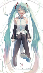 Rule 34 | 1girl, 200f (nifu), absurdly long hair, absurdres, aqua hair, bare shoulders, black skirt, black thighhighs, blush, boots, character name, commentary, detached sleeves, full body, gradient hair, green eyes, hair ornament, hatsune miku, headset, highres, long hair, looking at viewer, multicolored hair, necktie, open mouth, shirt, skirt, solo, tattoo, thigh boots, thighhighs, twintails, very long hair, vocaloid, white shirt, zettai ryouiki