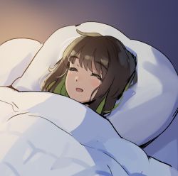 Rule 34 | 1girl, blush, brown hair, colored inner hair, closed eyes, miru (ormille), multicolored hair, open mouth, original, ormille, pillow, sleeping, solo, under covers