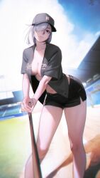 Rule 34 | 1girl, absurdres, baseball bat, baseball cap, baseball jersey, baseball stadium, baseball uniform, black shorts, blue sky, blurry, breasts, cleavage, closed mouth, cloud, cloudy sky, collarbone, depth of field, expressionless, fiona frost, grey hat, grey shirt, hair over one eye, hat, highres, holding, holding baseball bat, jersey, leaning forward, limart, medium breasts, navel, open clothes, open shirt, outdoors, shirt, short hair, short shorts, short sleeves, shorts, sky, solo, sportswear, spy x family, standing, white hair