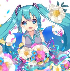Rule 34 | 1girl, :d, aqua hair, blue eyes, blurry, bouquet, depth of field, detached sleeves, flower, hatsune miku, long hair, looking at viewer, necktie, nyori, open mouth, petals, pleated skirt, simple background, skirt, smile, solo, vocaloid, white background