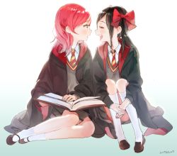 Rule 34 | 10s, 2girls, anco (melon85), black hair, book, closed eyes, gradient background, harry potter (series), hogwarts school uniform, looking at another, love live!, love live! school idol project, multiple girls, nishikino maki, open mouth, purple eyes, red hair, school uniform, short hair, smile, twintails, wizarding world, yazawa nico