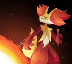 Rule 34 | 1other, animal ear fluff, animal ears, animal nose, body fur, clenched hand, clenched teeth, creatures (company), delphox, fang, fire, fox ears, furry, game freak, gen 6 pokemon, geng4r, gradient background, hand up, highres, holding, holding stick, light particles, looking down, multicolored fur, nintendo, other focus, pokemon, pokemon (creature), pyrokinesis, red background, red eyes, red fur, sideways mouth, simple background, snout, solo, standing, stick, teeth, white fur, yellow fur