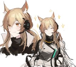 Rule 34 | 1girl, ^ ^, animal ear fluff, animal ears, arknights, armor, black shirt, blonde hair, breastplate, closed eyes, closed eyes, facing viewer, headset, highres, horse ears, implied extra ears, joshua (shisanli934), long hair, looking at viewer, nearl (arknights), nearl the radiant knight (arknights), official alternate costume, shirt, simple background, sketch, smile, solo, sparkle, upper body, white background, yellow eyes