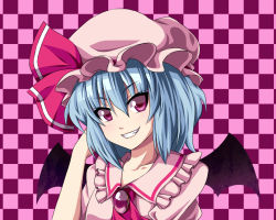 Rule 34 | 1girl, adjusting hair, bat wings, blue hair, brooch, checkered background, collarbone, fal (falketto), falketto, female focus, grin, hat, hat ribbon, jewelry, purple eyes, remilia scarlet, ribbon, short hair, smile, solo, touhou, upper body, wings