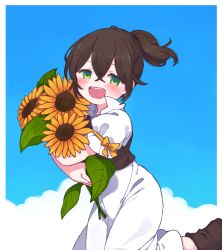 Rule 34 | 1girl, 697 mono 71, blush, brown hair, day, dress, flower, green eyes, jewelry, long hair, looking at viewer, octopath traveler, octopath traveler i, open mouth, ponytail, simple background, sky, smile, solo, sunflower, tressa (octopath traveler)