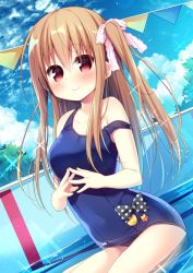 Rule 34 | 1girl, bare arms, bare shoulders, black bow, blue one-piece swimsuit, blue sky, blush, bow, breasts, closed mouth, cloud, cloudy sky, collarbone, commentary request, day, fingernails, hair between eyes, hair bow, hanamiya natsuka, light brown hair, long hair, looking at viewer, old school swimsuit, one-piece swimsuit, original, outdoors, pennant, pink bow, polka dot, polka dot bow, pool, red eyes, school swimsuit, shallow water, sitting, sky, small breasts, smile, smiley face, solo, sparkle, star (symbol), steepled fingers, strap slip, string of flags, swimsuit, two side up, very long hair, water